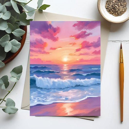 Pink Ocean Waves Sunset Waterverf Briefkaart