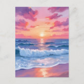 Pink Ocean Waves Sunset Waterverf Briefkaart (Voorkant)