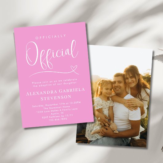 Pink Officially Official Adoption Day Party Photo Kaart