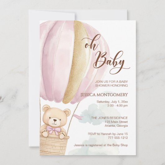 Pink Oh Baby Script Bear in Hot Air Balloon Shower Kaart (Voorkant)