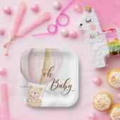 Pink Oh Baby Script Bear in Hot Air Balloon Shower Papieren Bordje (Feest)