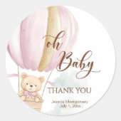 Pink Oh Baby Script Bear in Hot Air Balloon Shower Ronde Sticker (Voorkant)