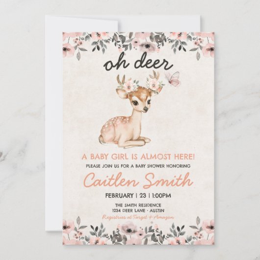 Pink Oh Deer Baby shower Bloemenuitnodiging Kaart (Voorkant)