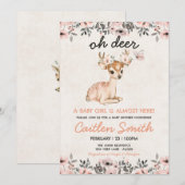 Pink Oh Deer Baby shower Bloemenuitnodiging Kaart (Voorkant / Achterkant)