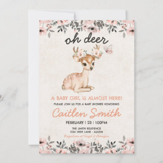 Pink Oh Deer Baby shower Bloemenuitnodiging Kaart