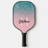 Pink Ombre Blauwgroen Glitter Monogram Pickleball Paddle (Voorkant)