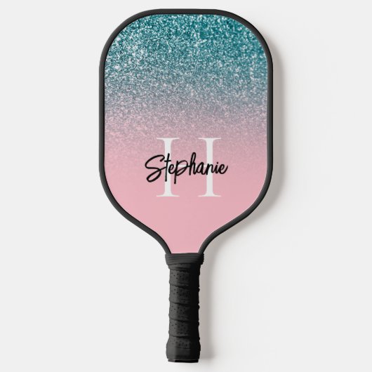 Pink Ombre Blauwgroen Glitter Monogram Pickleball Paddle (Achterkant)