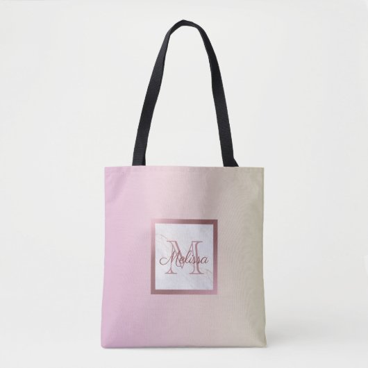 Pink Ombre Marble Roos Gold Monogram Tote Bag (Voorkant)