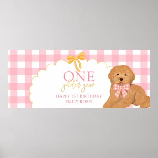 Pink One Golden Year Doodle Puppy 1st Birthday Poster (Voorkant)