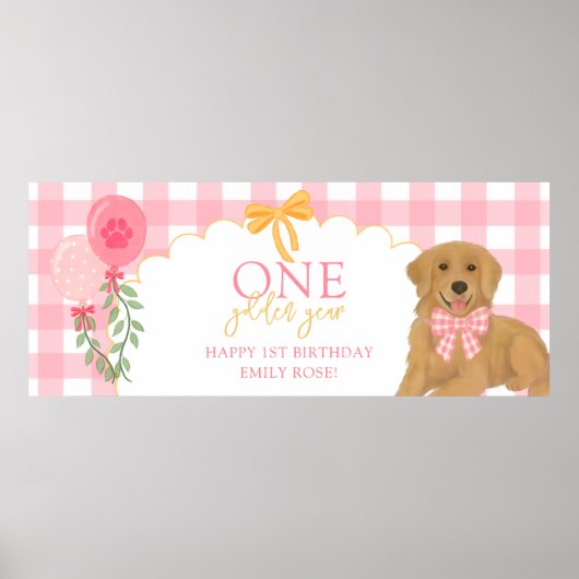 Pink One Golden Year Retriever Puppy 1st Birthday Poster (Voorkant)