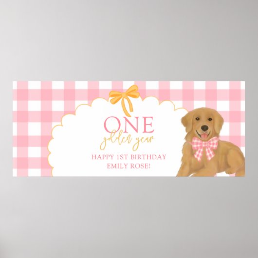 Pink One Golden Year Retriever Puppy 1st Birthday Poster (Voorkant)
