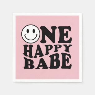 Pink One Happy Babe Retro Happy Smile Verjaardag Servet