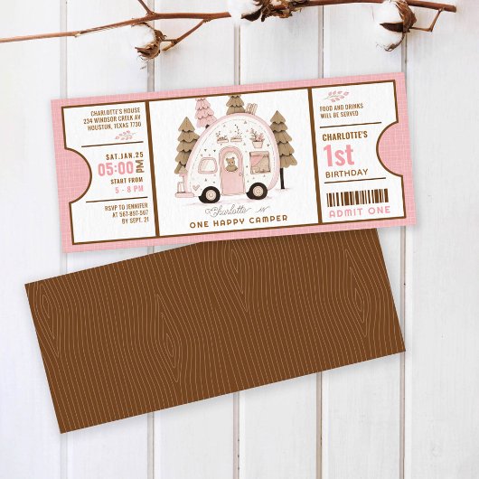 Pink One Happy Camper Eerste Verjaardag ticket Kaart