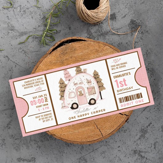 Pink One Happy Camper Eerste Verjaardag ticket Kaart