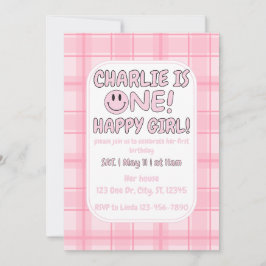 Pink One Happy Girl verjaardagsuitnodiging Kaart