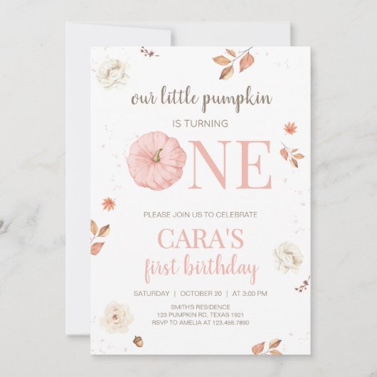 Pink One Little Pumpkin Birthday Party Kaart (Voorkant)
