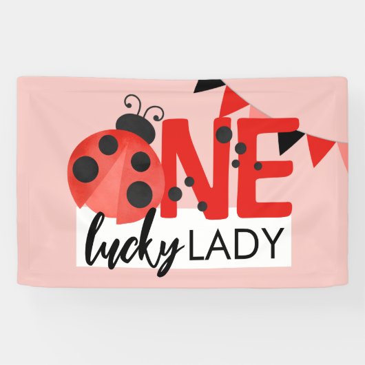 Pink One Lucky Lady Waterverf Ladybug Verjaardag Spandoek (Horizontaal)