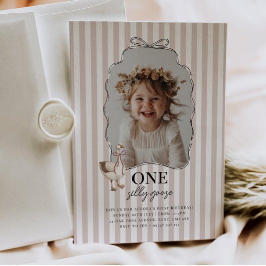 Pink One Silly Goose 1st Birthday Invitation Kaart