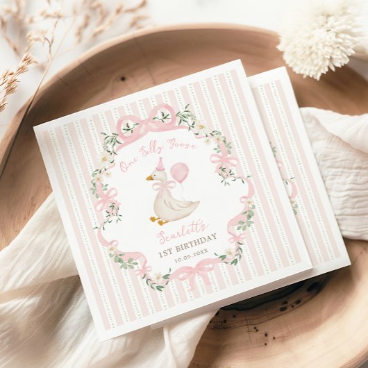 Pink One Silly Goose Coquette Bow 1st Birthday Servet
