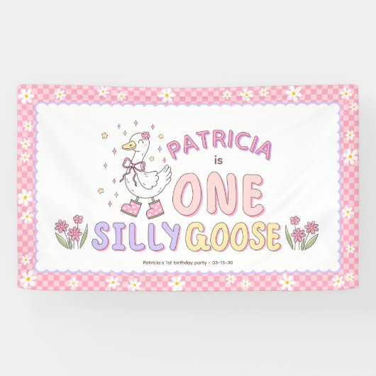 Pink One Silly Goose-Girl First Birthday Backdrop Spandoek (Horizontaal)