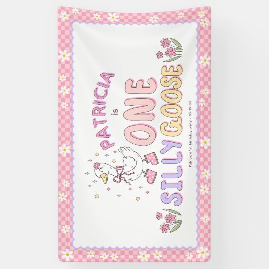 Pink One Silly Goose-Girl First Birthday Backdrop Spandoek (Verticaal)
