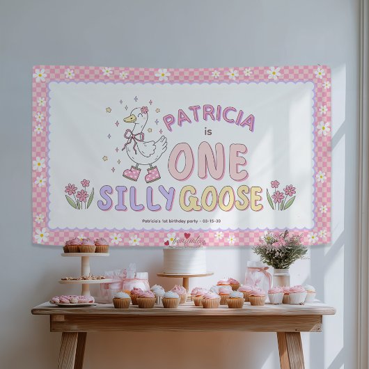Pink One Silly Goose-Girl First Birthday Backdrop Spandoek