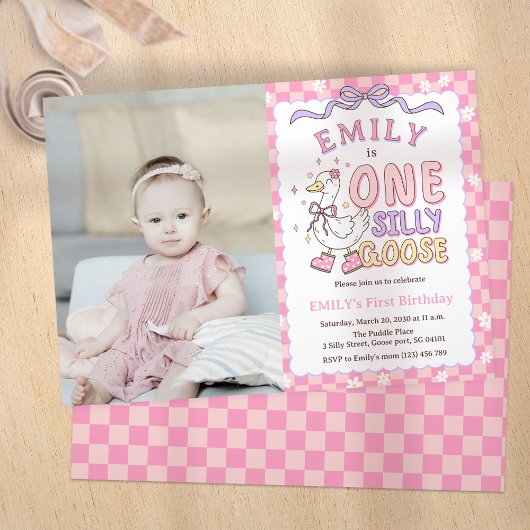 Pink One Silly Goose - Girl First Birthday Photo Kaart