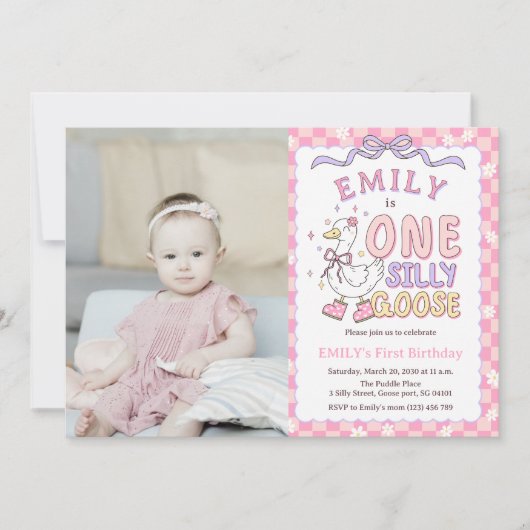Pink One Silly Goose - Girl First Birthday Photo Kaart (Voorkant)