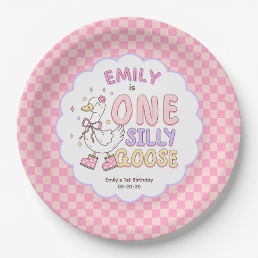 Pink One Silly Goose - Retro Girl First Birthday  Papieren Bordje (Voorkant)