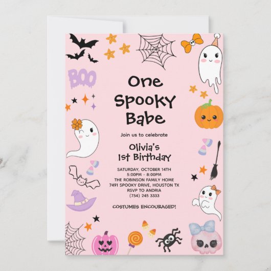 Pink One Spooky Babe Ghost Halloween 1e verjaardag Kaart (Voorkant)