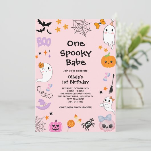 Pink One Spooky Babe Ghost Halloween 1e verjaardag Kaart (Staand voorkant)