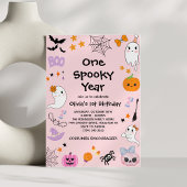 Pink One Spooky Year Ghost Halloween 1e verjaardag Kaart