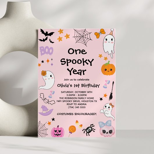 Pink One Spooky Year Ghost Halloween 1e verjaardag Kaart