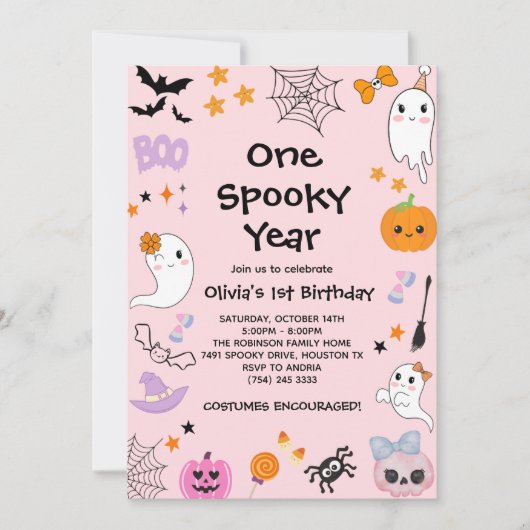 Pink One Spooky Year Ghost Halloween 1e verjaardag Kaart (Voorkant)