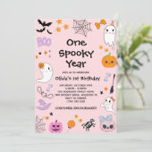Pink One Spooky Year Ghost Halloween 1e verjaardag Kaart (Staand voorkant)