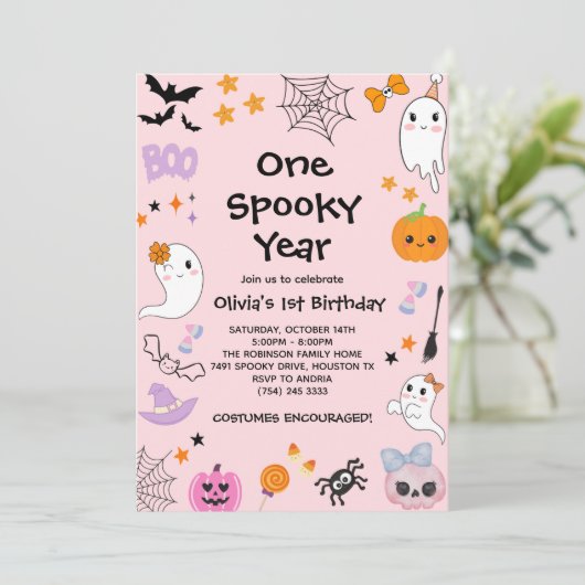 Pink One Spooky Year Ghost Halloween 1e verjaardag Kaart (Staand voorkant)