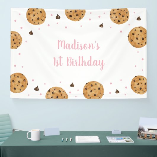 Pink One Sweet Cookie Eerste Verjaardag Spandoek (Beurs)