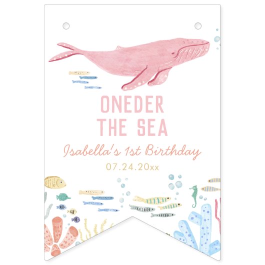 Pink Oneder Het Zee Ocean Animals 1st Birthday Vlaggetjes (Eerste vlag)