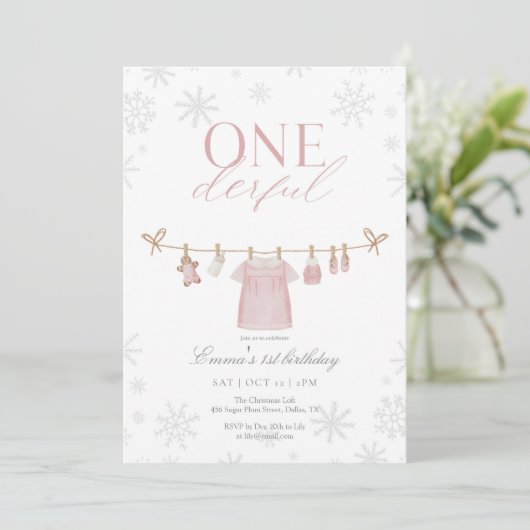 Pink ONEderful Winter First Birthday Invitation Bedankkaart (Staand voorkant)