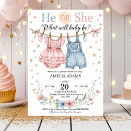 Pink or Blue Baby Clothes Gender Reveal Invitation Kaart