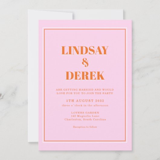 Pink Orange Bold Font Modern Wedding Kaart (Voorkant)