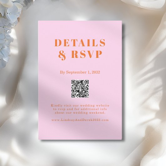 Pink Orange Bold Font QR Code Wedding RSVP Informatiekaartje