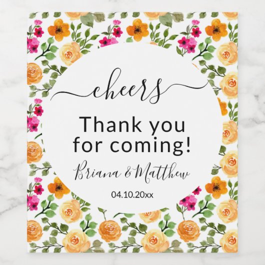 Pink Orange Cute Summer Floral Wijn Etiket (Enkel label)