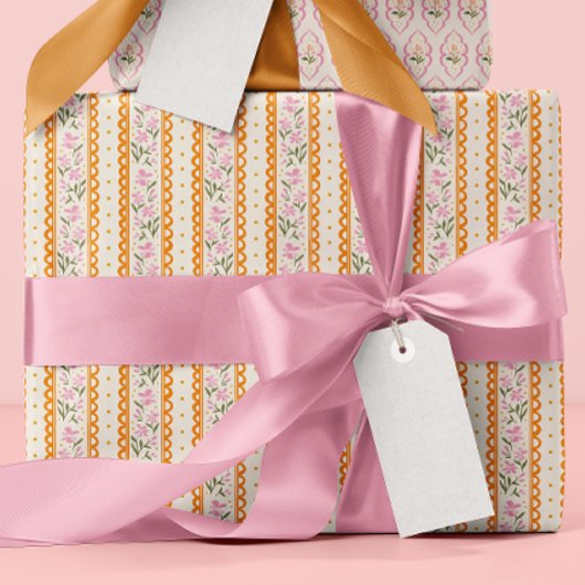Pink Orange Dainty Floral Stripes Patterned Cadeaupapier