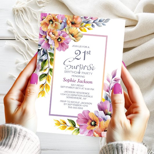 Pink Orange Floral Surprise 21st Birthday Party Kaart