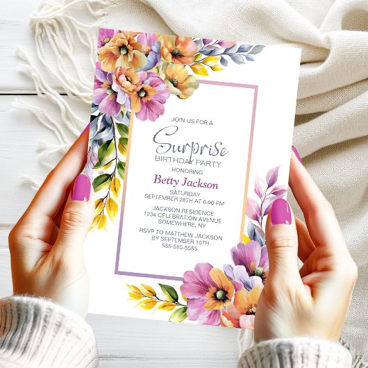 Pink Orange Floral Surprise Birthday Party Kaart