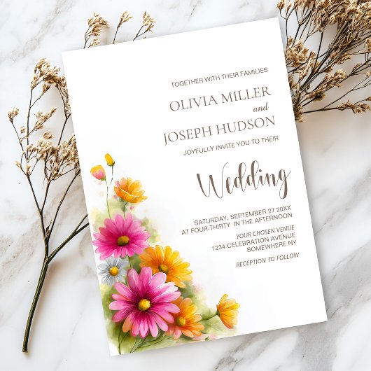 Pink Orange Floral Wedding Kaart