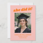 Pink Orange Retro She Did It Photo Graduation Aankondiging (Voorkant)