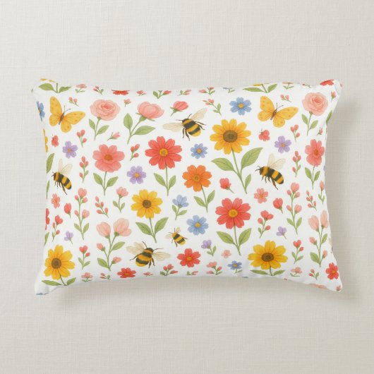 Pink Orange Yellow Floral and Bee Pattern  Accent Kussen (Voorkant)