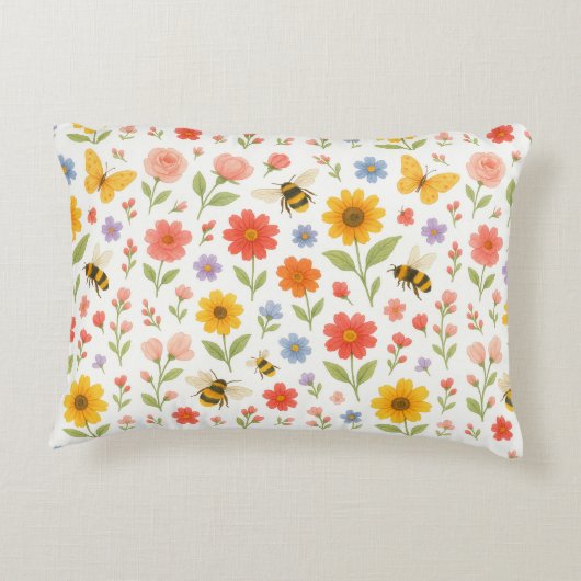 Pink Orange Yellow Floral and Bee Pattern  Accent Kussen (Achterkant)